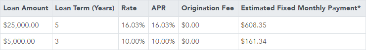 table showing example term, rate, APR, fees